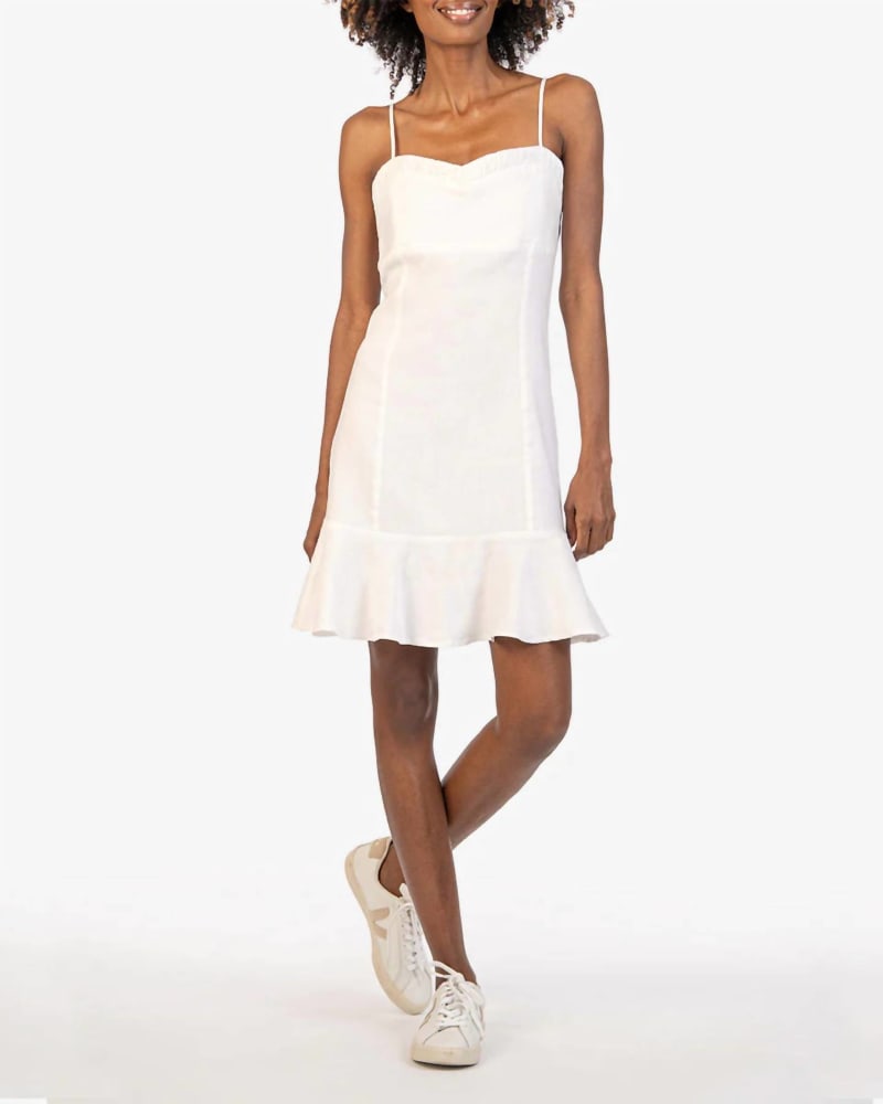 Front of a model wearing a size L Zaha Dress In White in White by Kut From The Kloth. | dia_product_style_image_id:345645